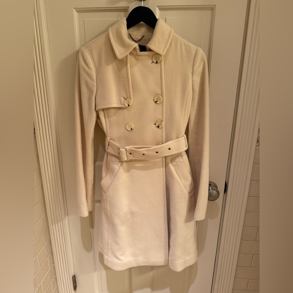 BCBGMaxAzria Ivory Double-Breasted Belted Pea Coat
